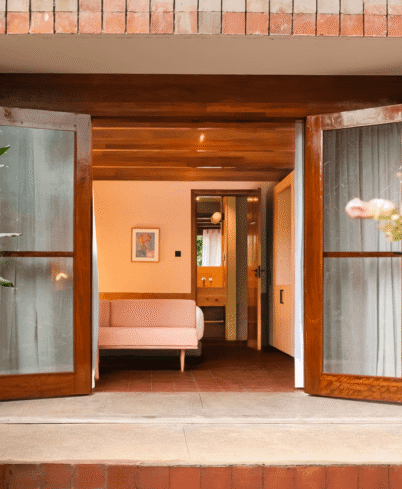Charming hotel suite with open wooden doors, lush greenery, cosy sofa, soft lighting, inviting atmosphere.
